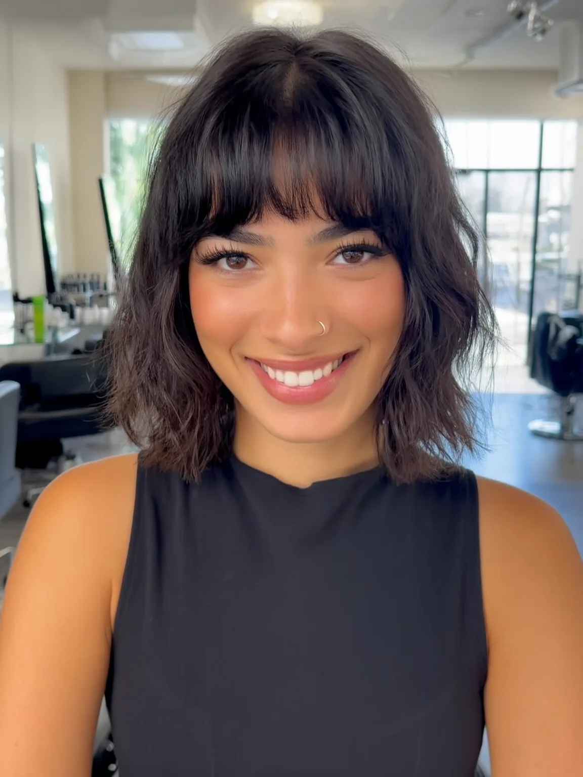 Wavy Textured Bob with Rich Espresso and Blunt Bangs